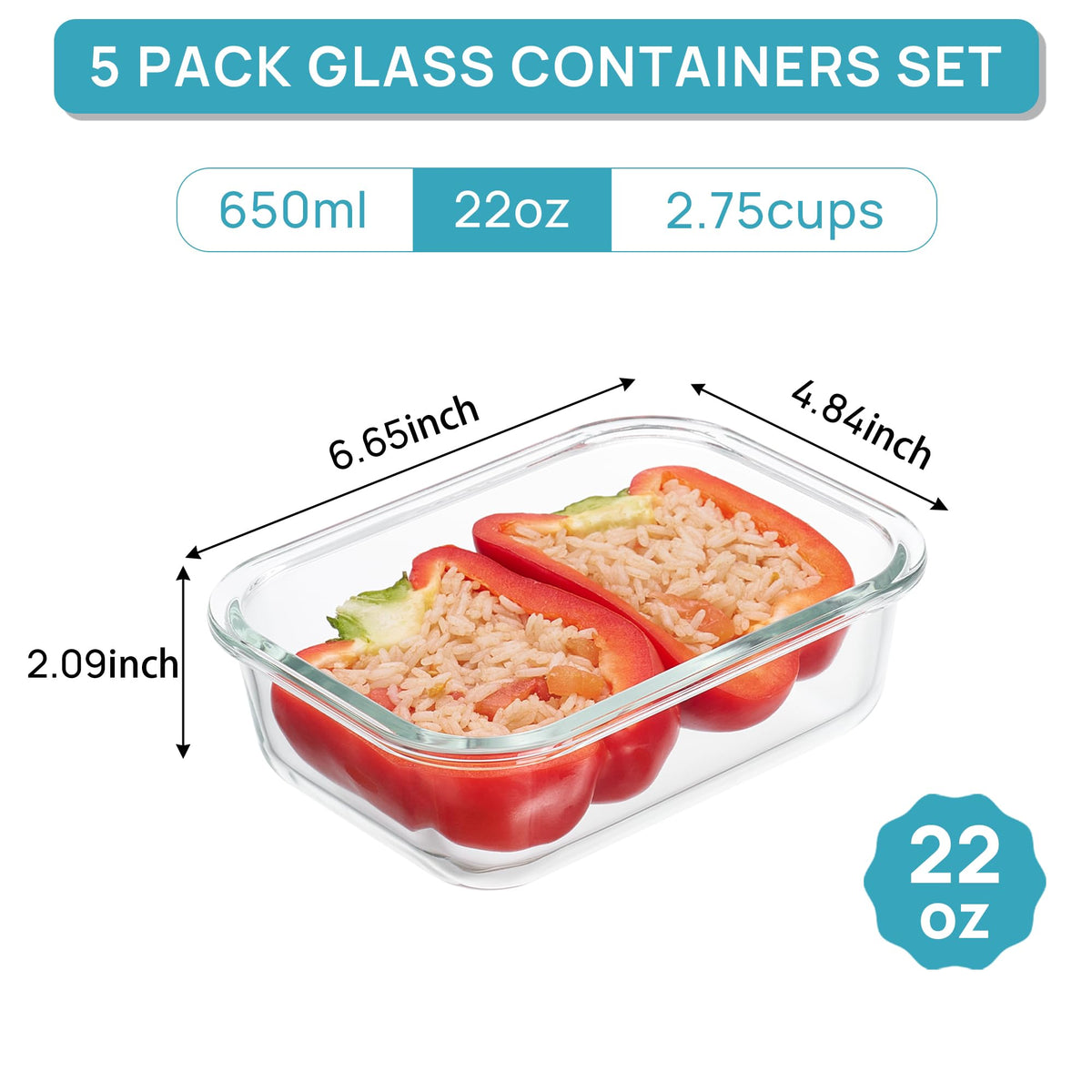 5Pack 22oz Glass Storage Containers with Lids, Grey