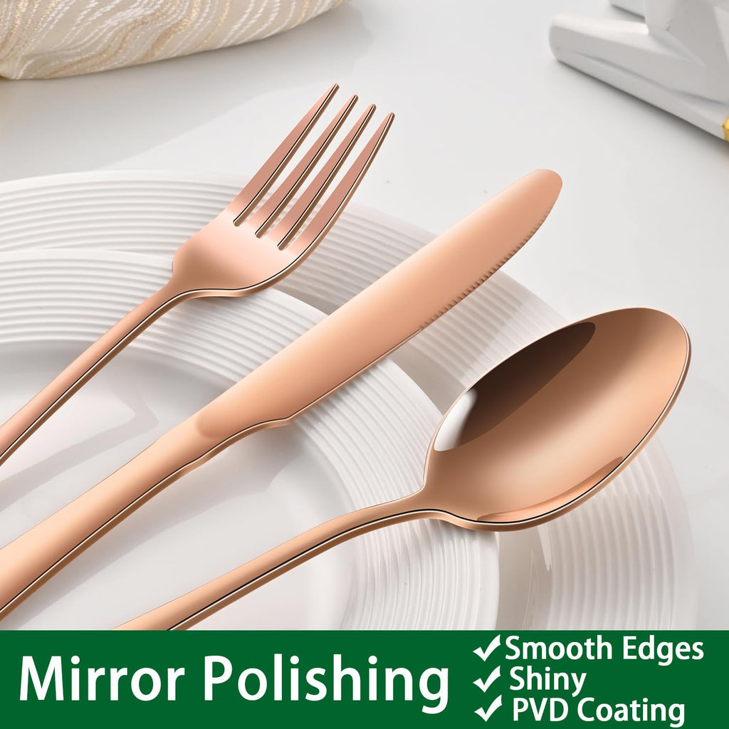 24 PCs Rose Gold Flatware Sets Service For 4, Copper Kitchen Utensils Set