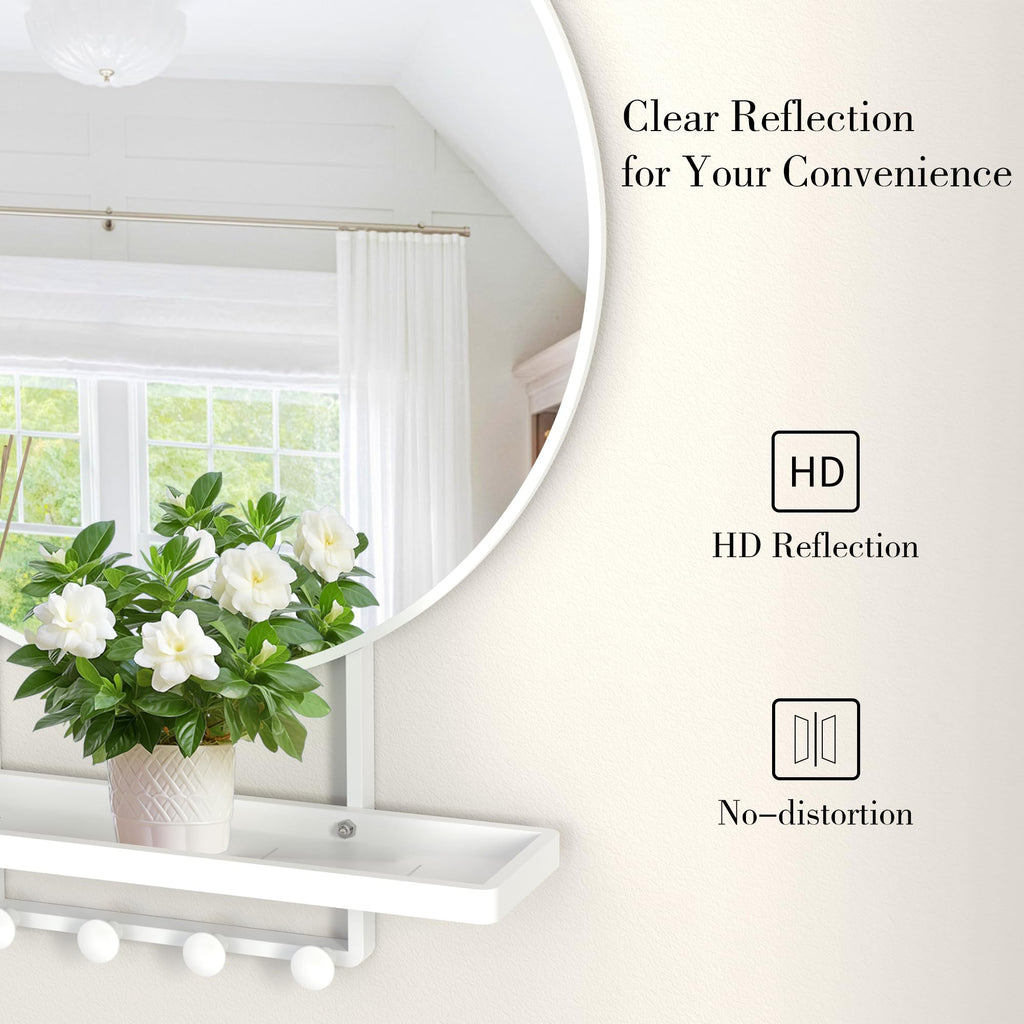 Wall Mirror with Shelf and Hooks, Vertical Mount, 32x22 Inch White