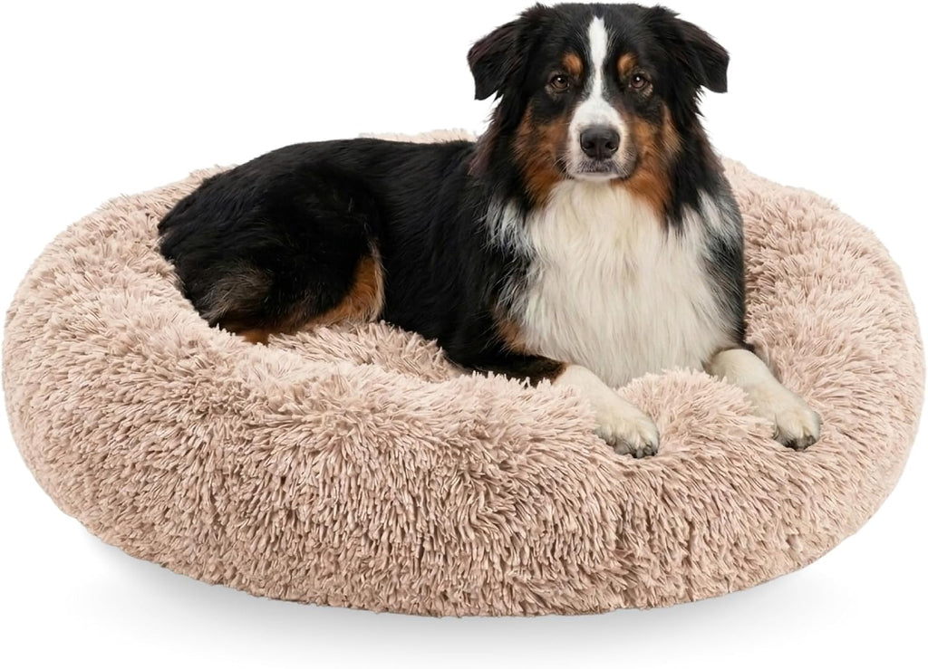 Premium Large Donut Dog Bed, Fits Up to 100 lbs, Machine Washable Cushion, Plush Long Pile Faux Fur Fabric, Portable