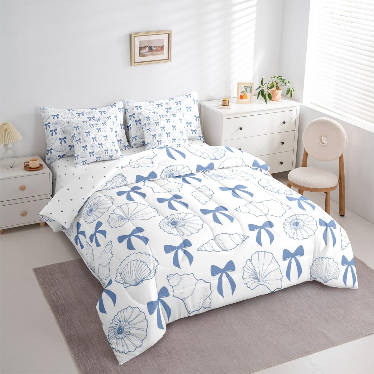7 Pieces Blue Bowknot Comforter Set with Sheets