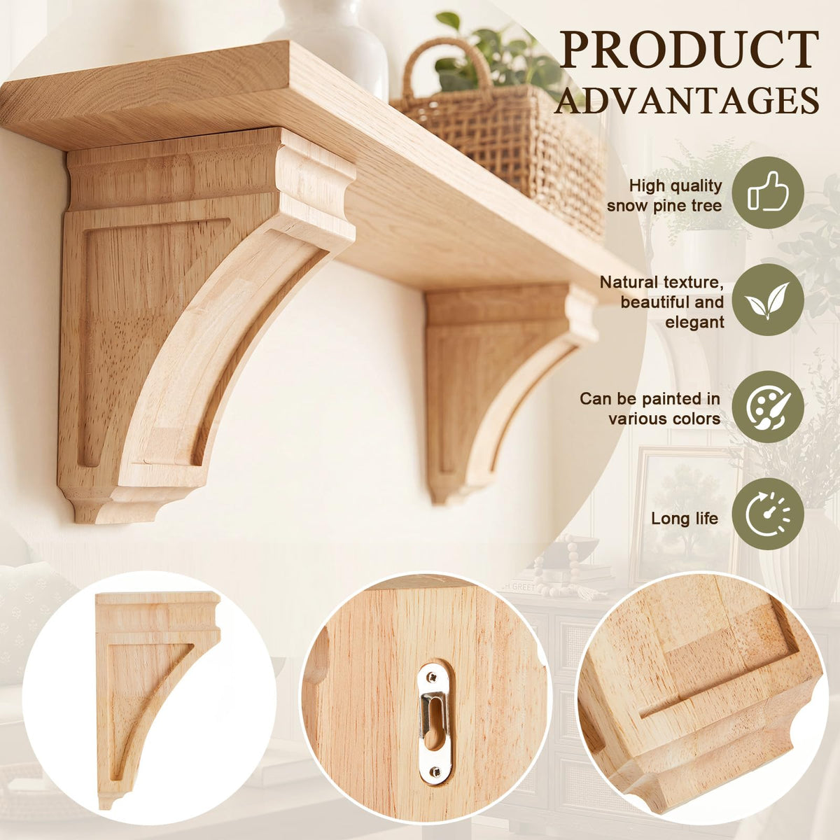 2 Pcs 3-1/2" x 3-7/8" x 6-5/8" Wood Corbels, Wooden Shelf Brackets