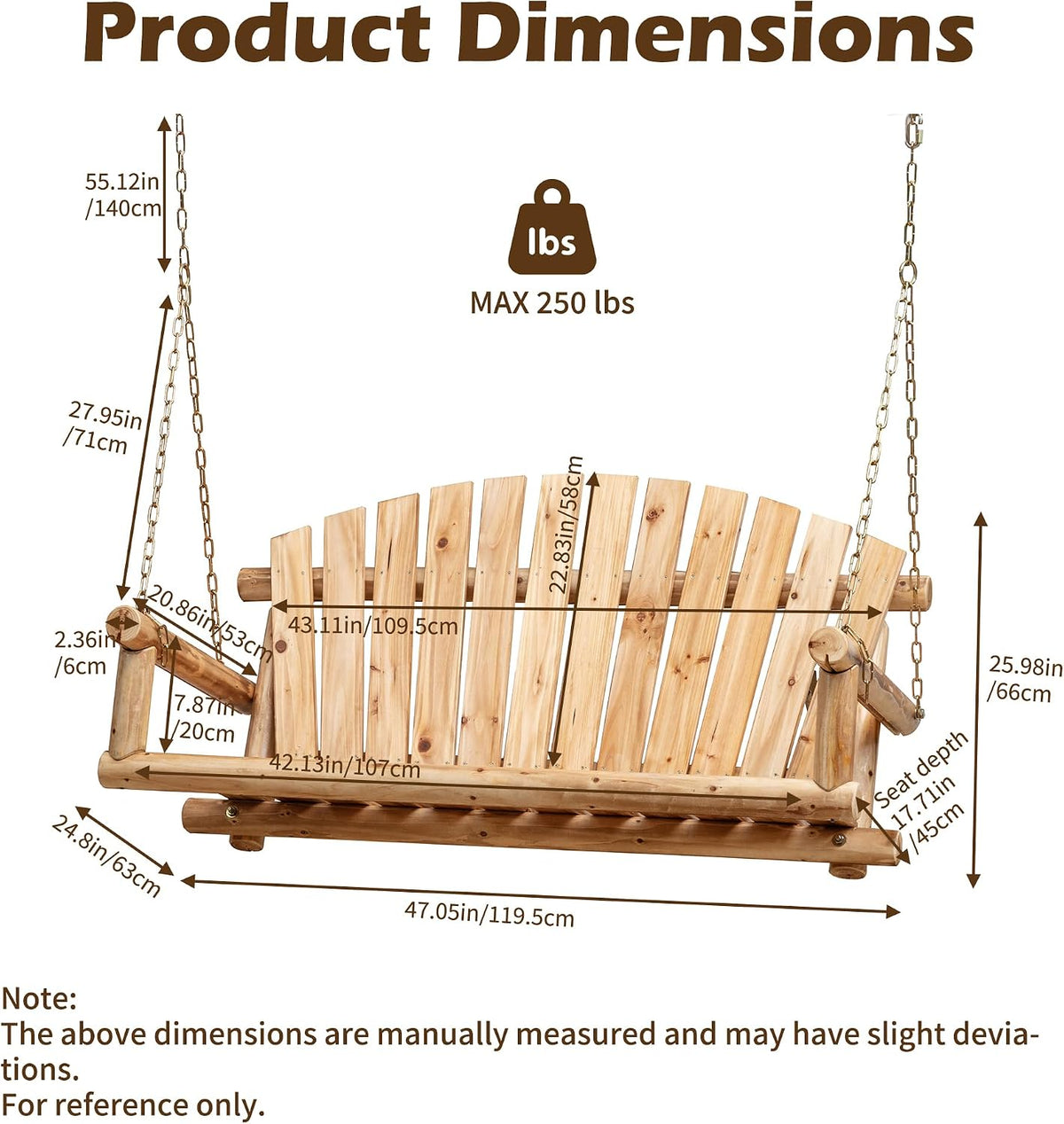 Outdoor Wooden Porch Swing Front Porch Hanging Bench Swing 2 Seat Chair for Garden, Patio, Backyard, Playground, Log
