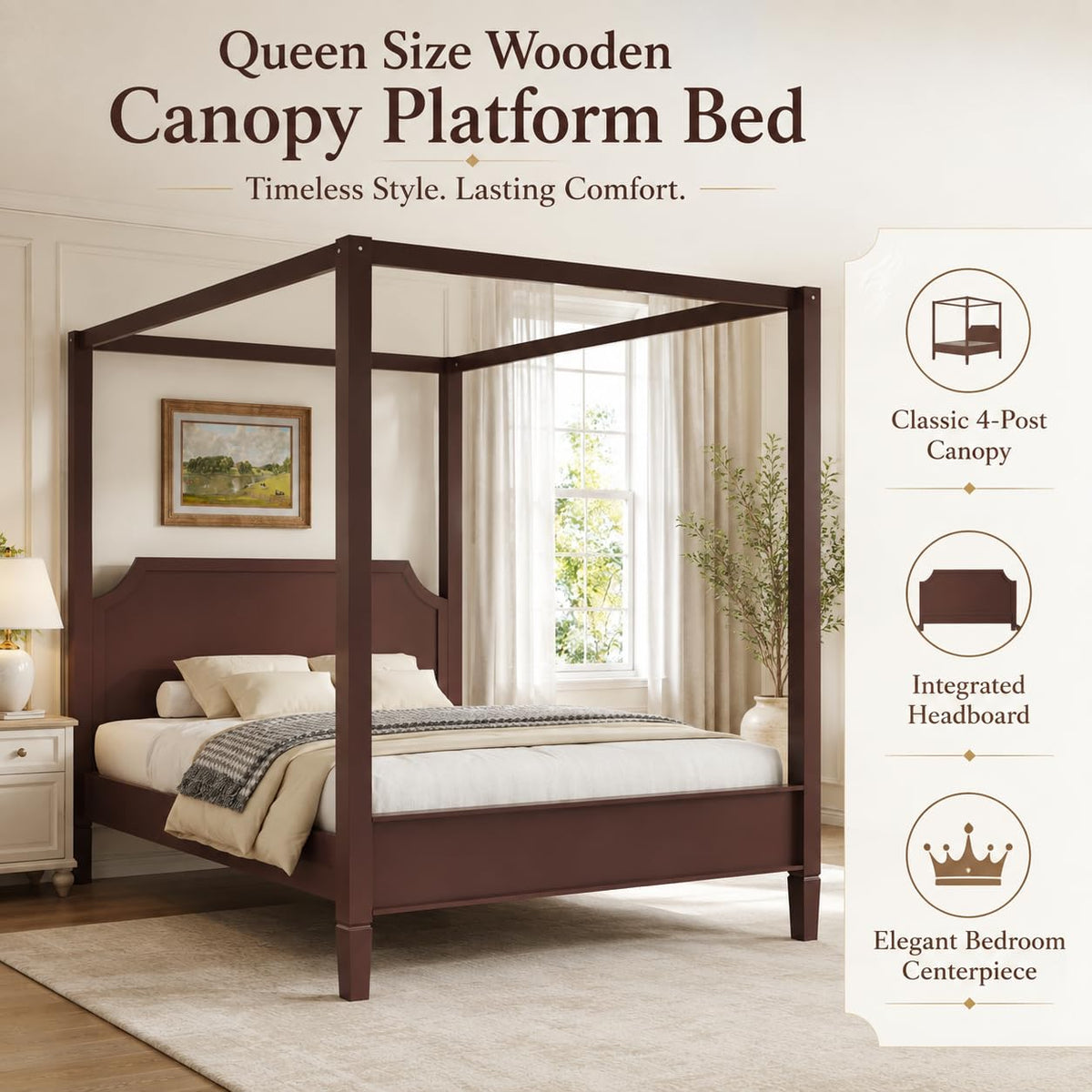 Walnut Canopy Bed Frame Solid Wood 4 Poster Canopy Bed