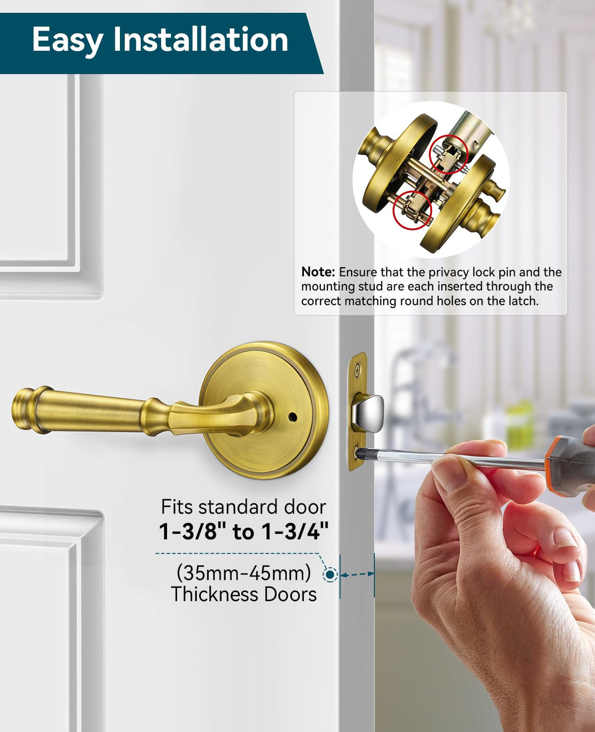 Door Handles Antique Brass Privacy Vintage Door Levers, 6 Pack