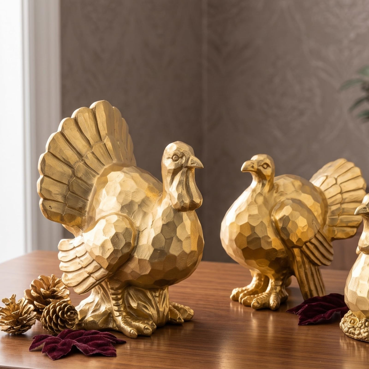 3 Pack Thanksgiving Turkey Decor Gold Resin Turkey Figurine
