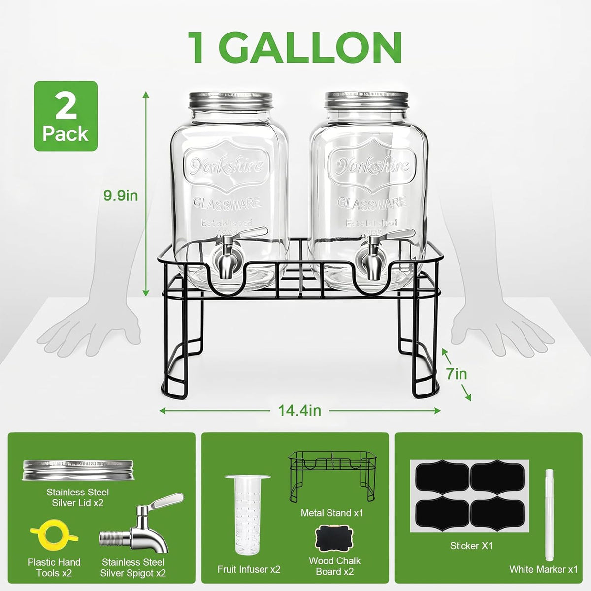 1-Gallon Drink Dispenser,2 Pack Glass Drink Dispenser with Tin Lid - Set of 2