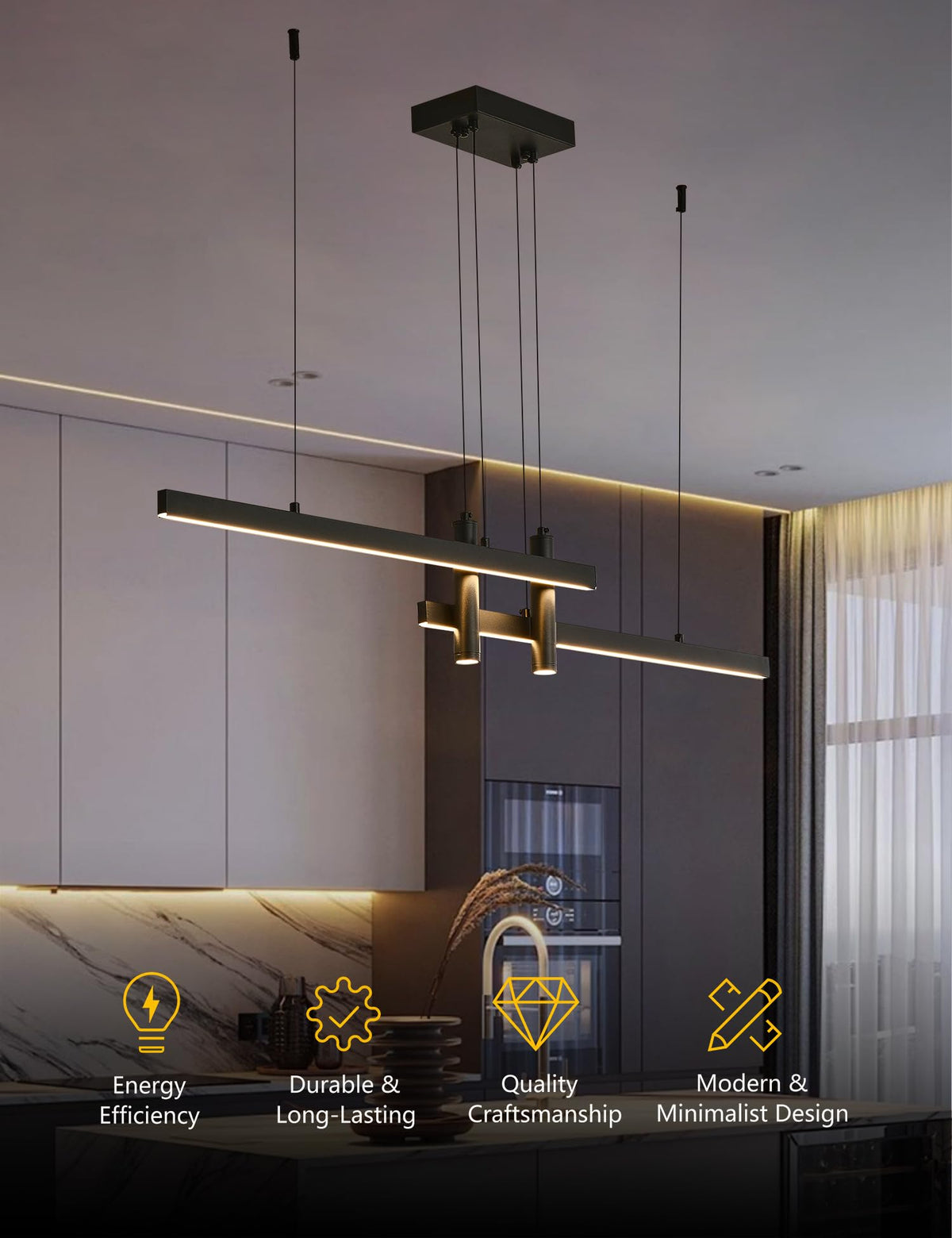 Modern Black Linear Pendant Lights Kitchen Island Lighting Minimalist Led Chandeliers Pool Table Light Dimmable