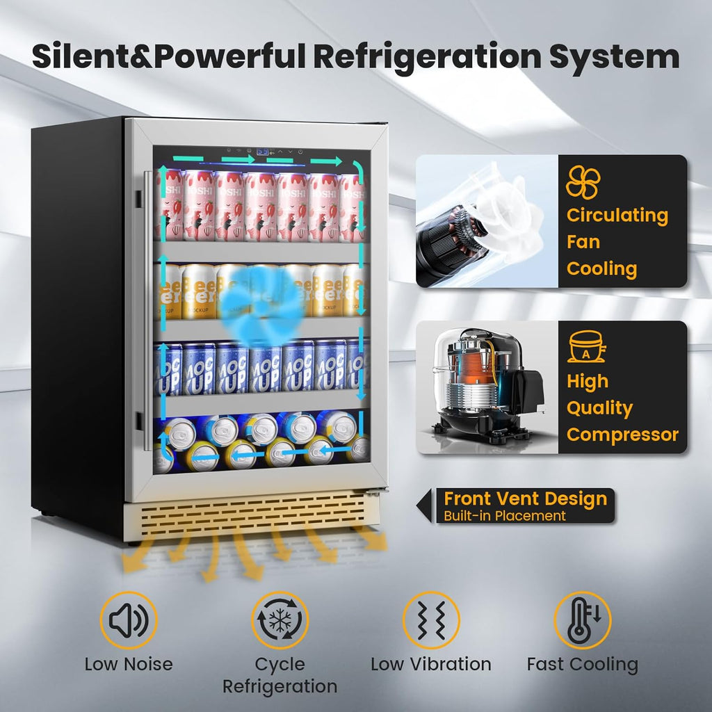 24 Inch Beverage Refrigerator,190 Cans Freestanding/Under Counter Beverage Fridge with Glass Door
