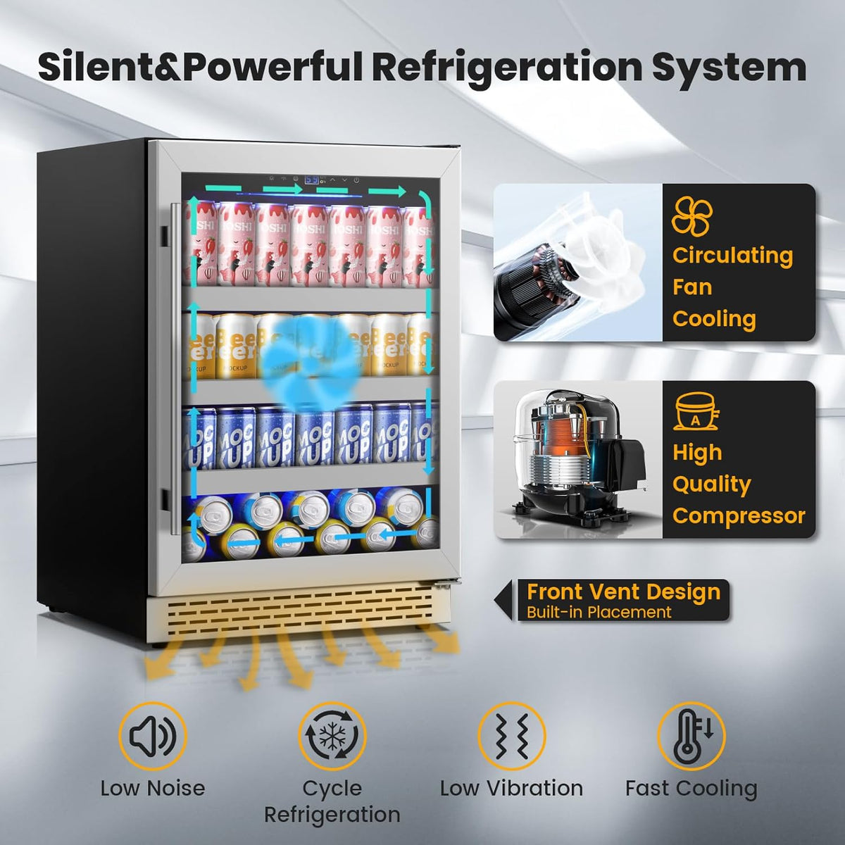 24 Inch Beverage Refrigerator,190 Cans Freestanding/Under Counter Beverage Fridge with Glass Door