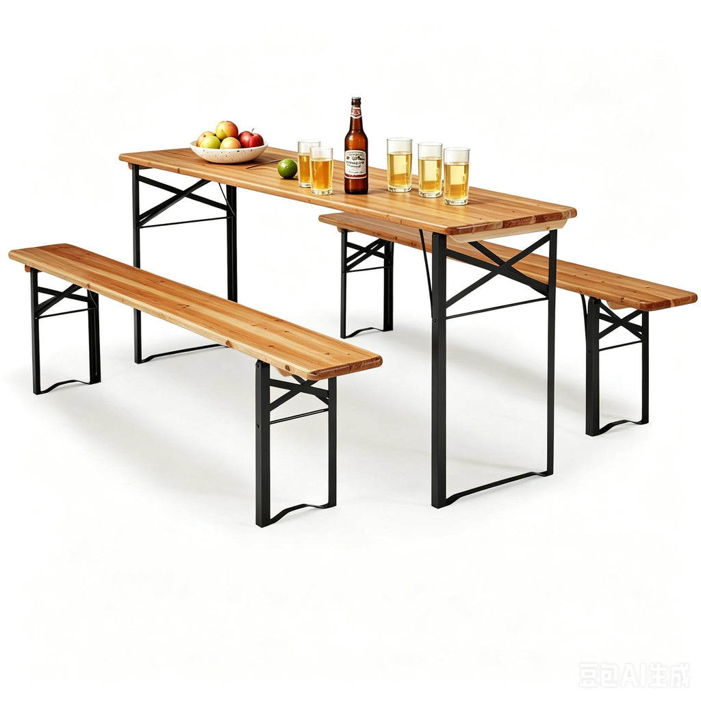 5.8FT 3-Piece Portable Picnic Table Bench Set, 6-8 Person Folding Wooden Dining Table Set, 70" Patio Beer Table for
