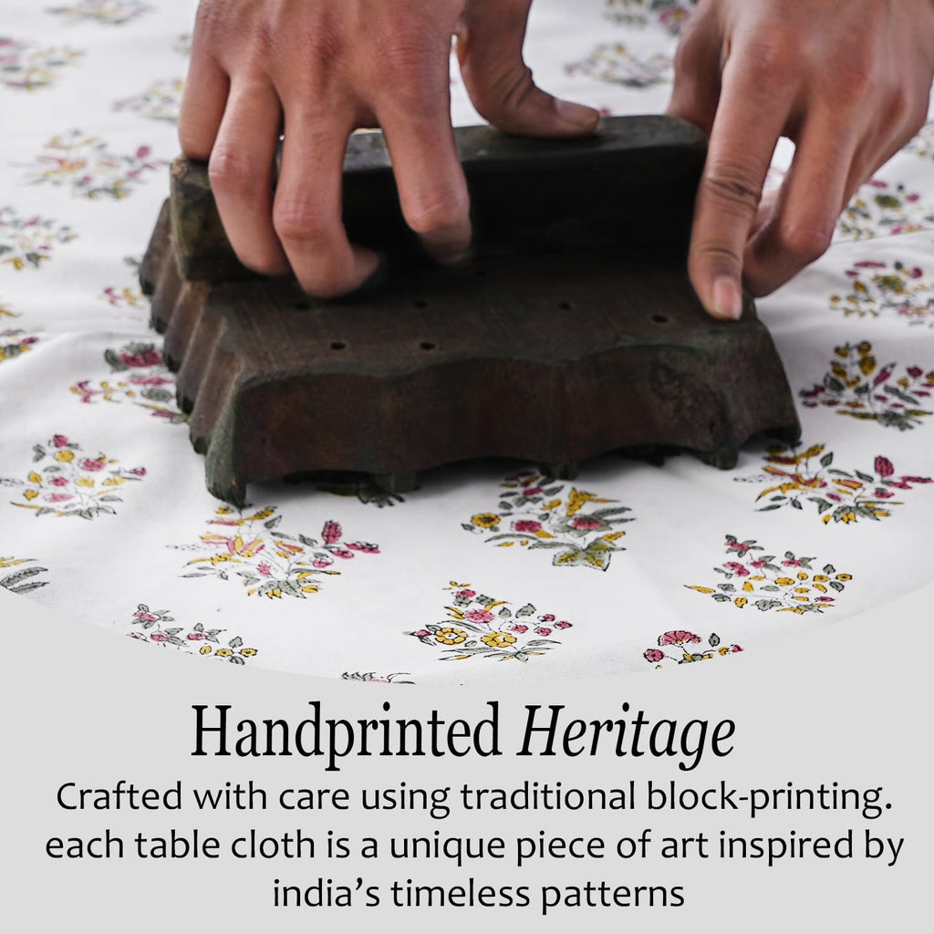 CPC Fall Green Block Print 100% Cotton Rectangle Tablecloth 52x70 Inch