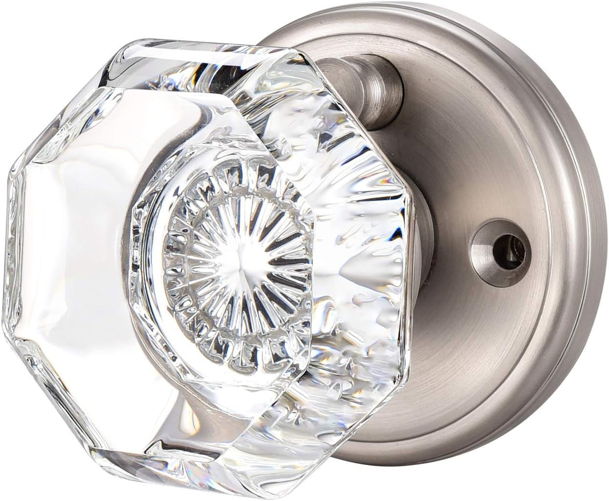 Crystal Glass Door Knobs Interior, Modern Bathroom Bedroom Door Knobs with Lock Privacy Function, Satin Nickel