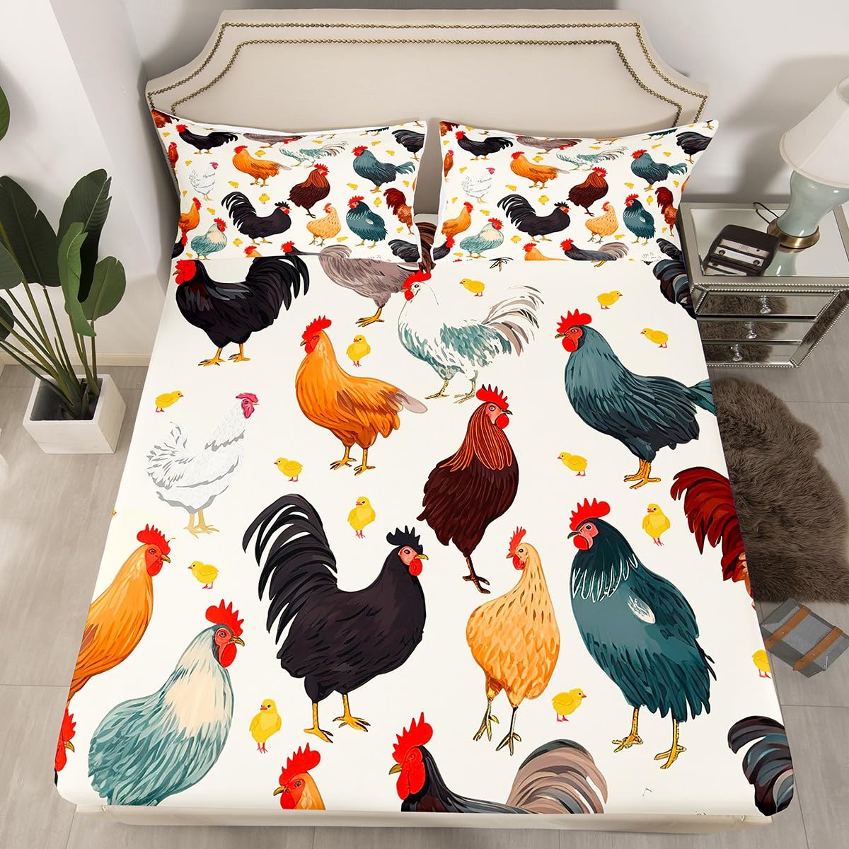 Farmhouse Style Bed Sheet Set 4 Piece, Cute Chickens Livestock Sheets Bed Set, Rustic Animal Theme Bedding