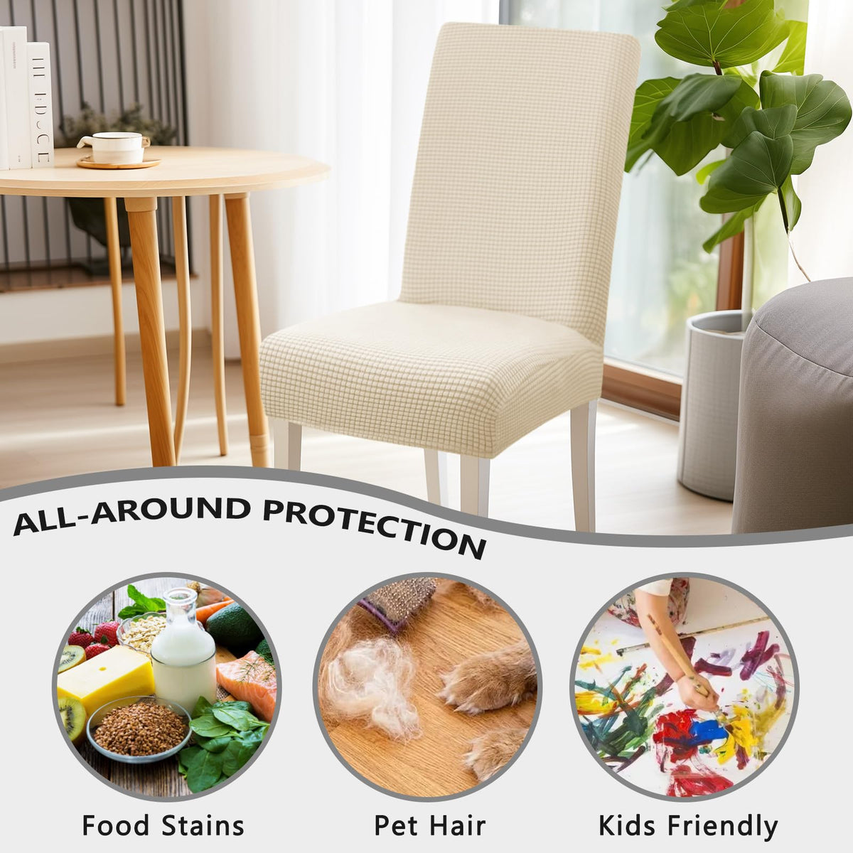 Dining Room Chair Covers, Chair Covers Set of 6, Soft And Stretchy, Cat Scratch Protection, Jacquard Fabric, Cream