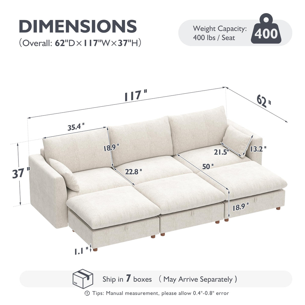 117" Oversized Modular Sectional Sofa, Modern Cloud Couch with 3 Storage Ottoman, 6-Seat Comfy Chenille Deep Seat