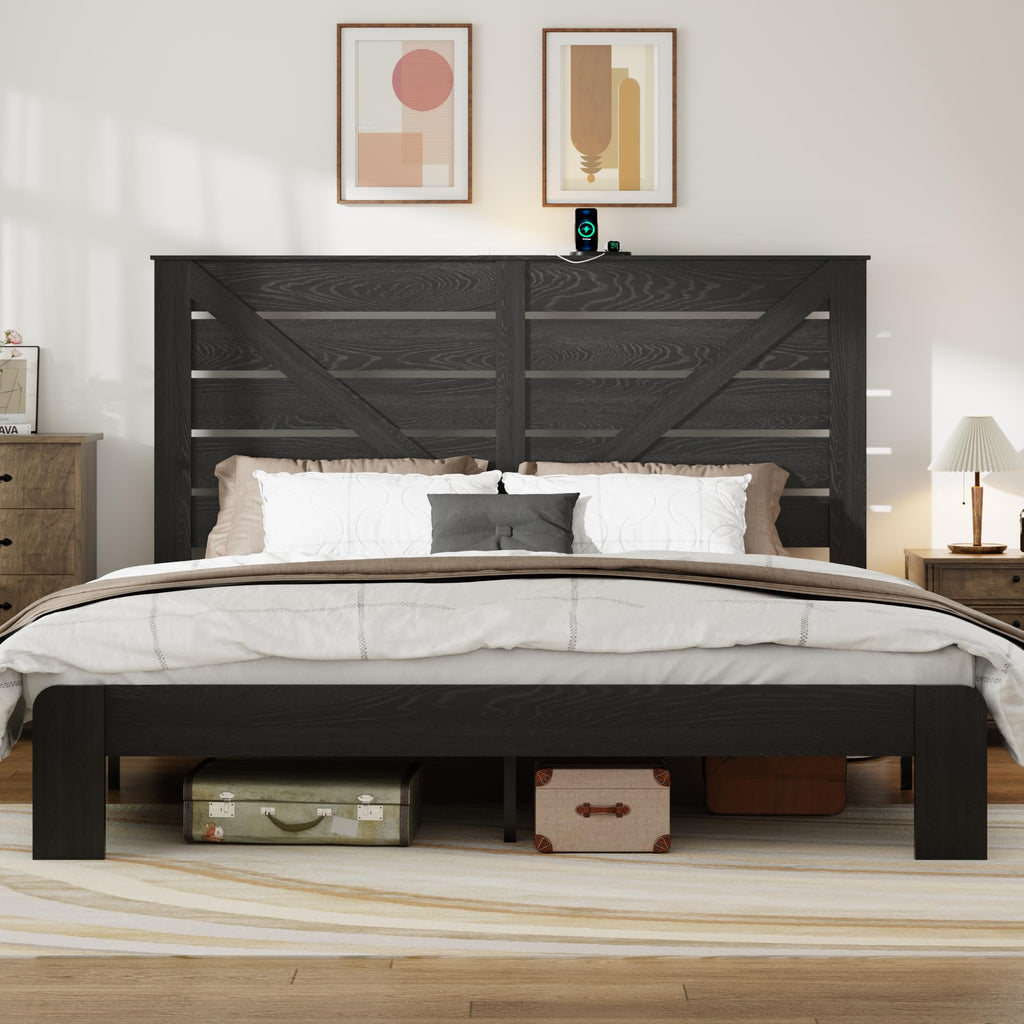 Farmhouse Wood Bed Frame 51" Tall Headboard Black