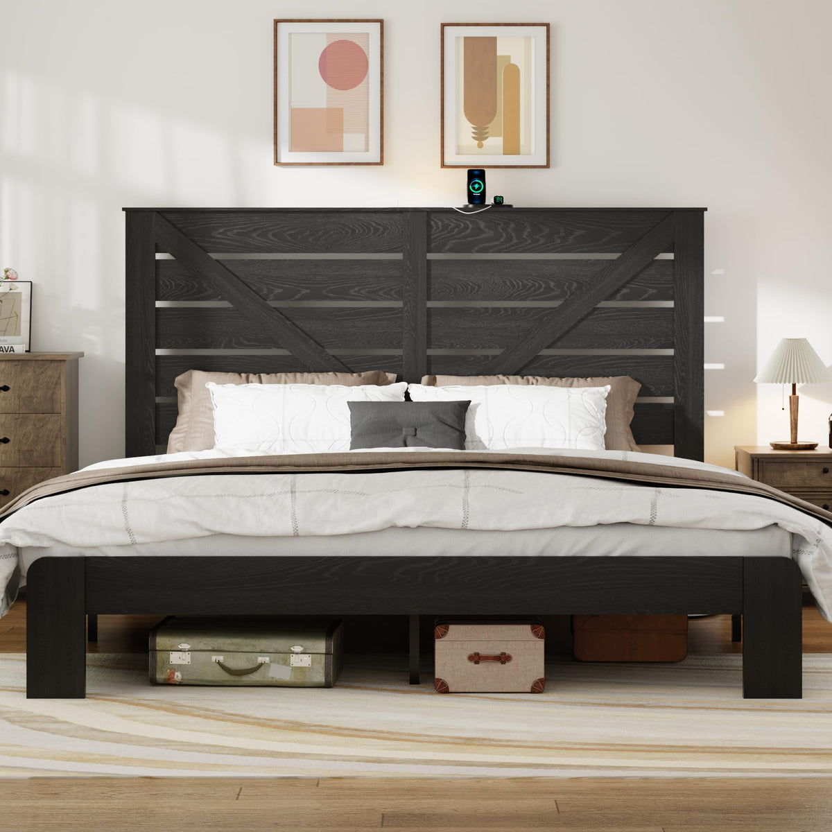 Farmhouse Wood Bed Frame 51" Tall Headboard Black