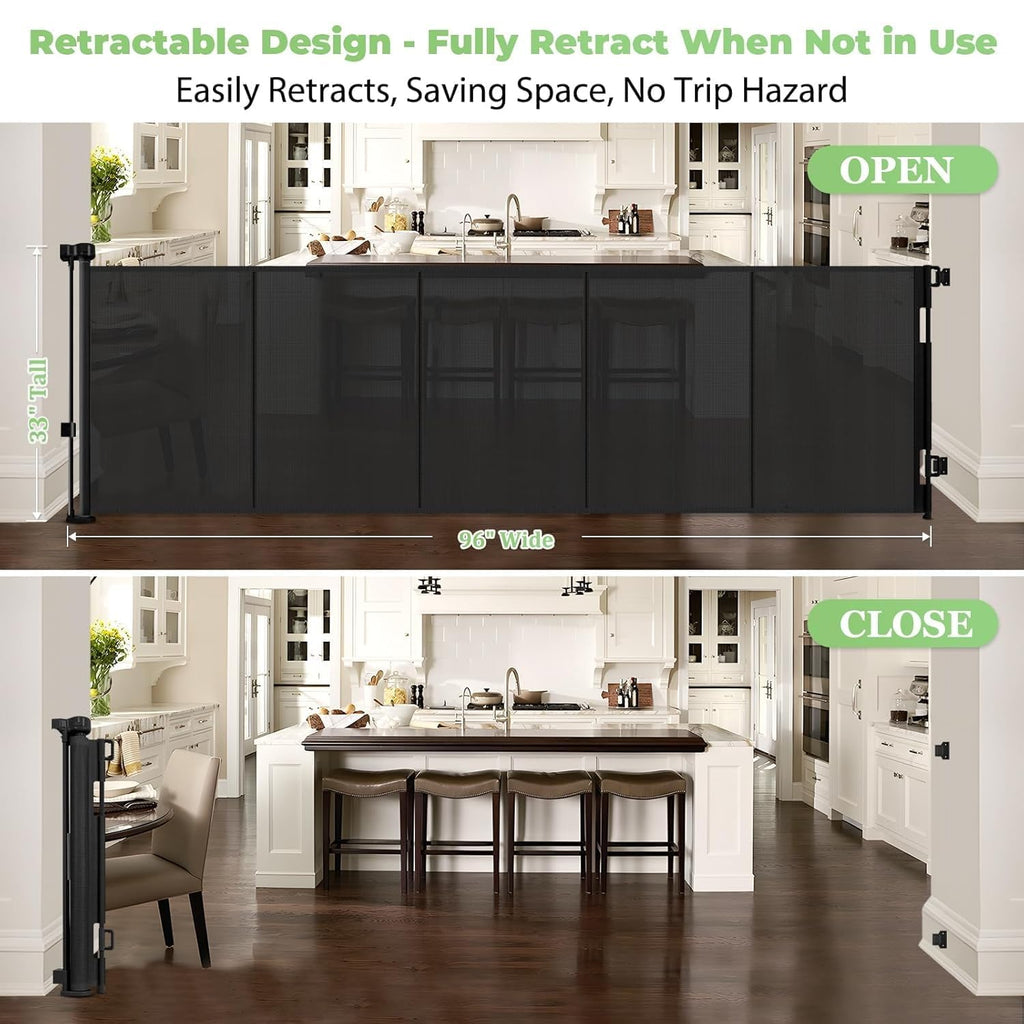 96" Wide Reinforced Retractable Baby Gates, Prevent Crawling Under, Black
