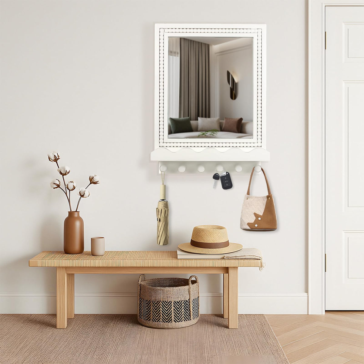 16x12 Inch Wall Mount Beaded Wood Framed Mirror with Shelf and 6 Hooks, White Decorative Entryway Mirror with Storage