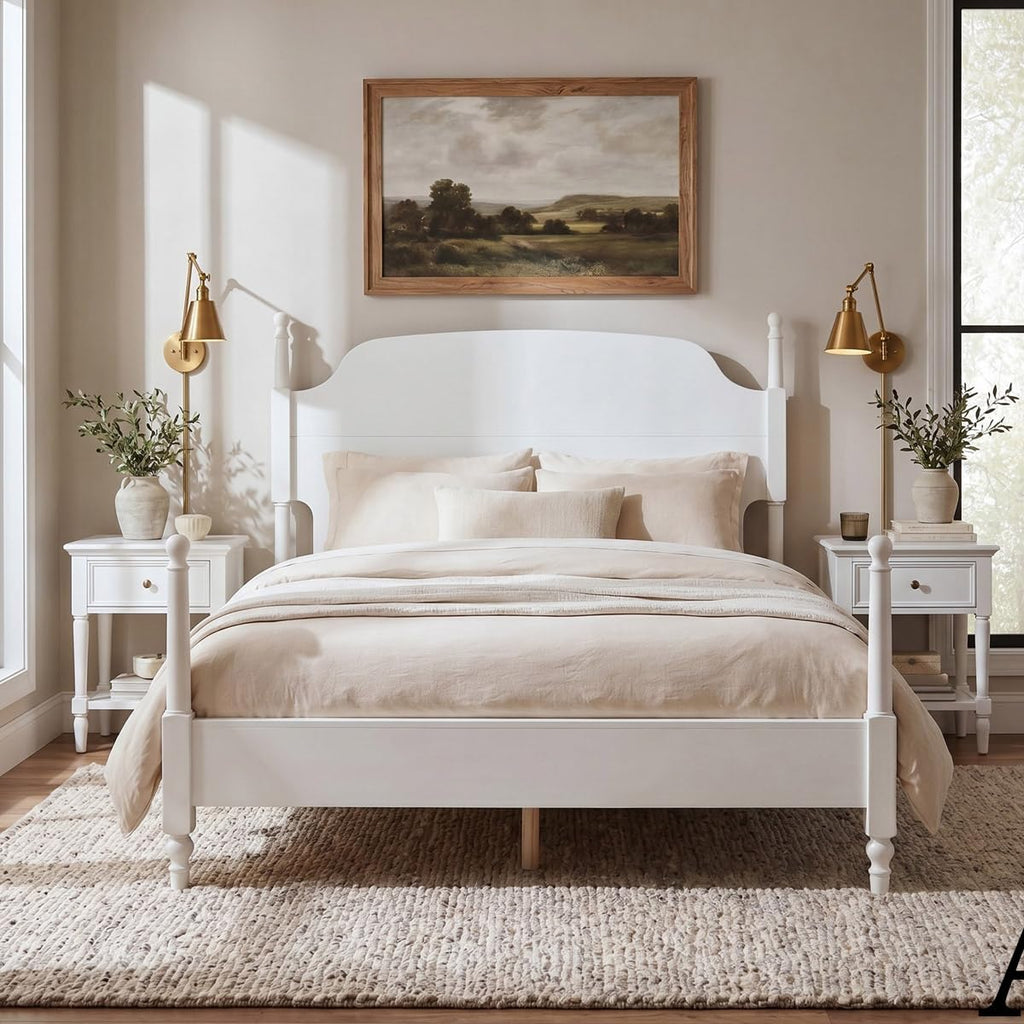 White Four Poster Spindle Bed Frame with Arched Headboard