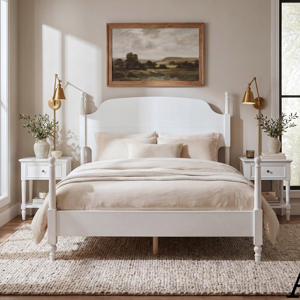White Four Poster Spindle Bed Frame with Arched Headboard