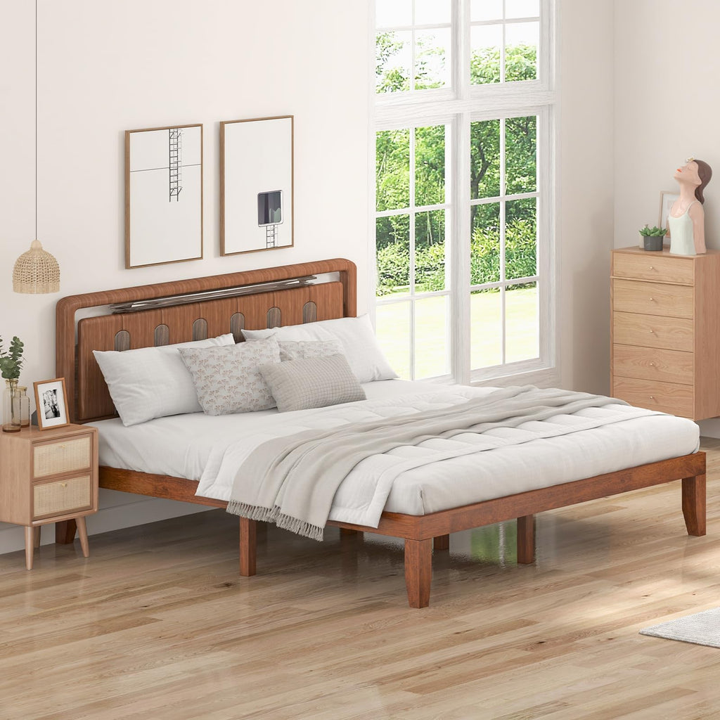 14 Inches Wood Platform Bed Frame King Size, Wooden Mattress Foundation with Rubber Wood Frame, Strong Wooden Slat