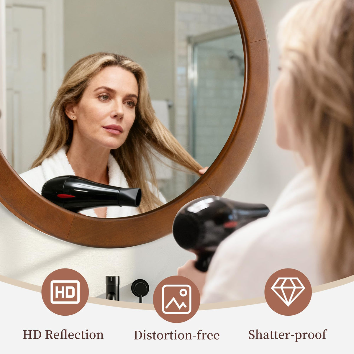 Round Mirrors 28 Inch,Wood Vanity Wall Rustic Mirror With Walnut Frame