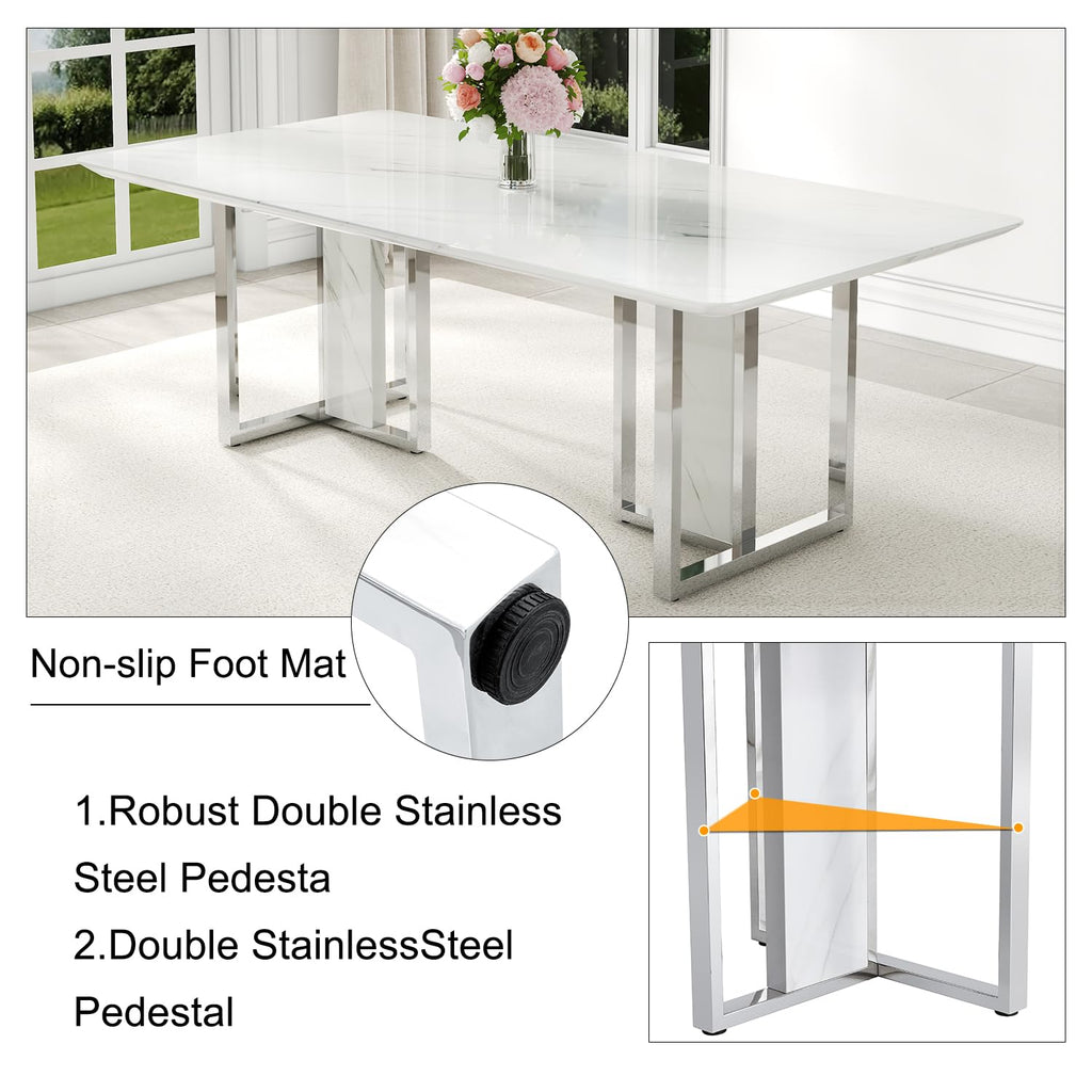 79 Inch Modern Dining Table Set for 8, White Luxury Kitchen Set with 1.8-inch Faux Marble Table Top & 8 PU Leather