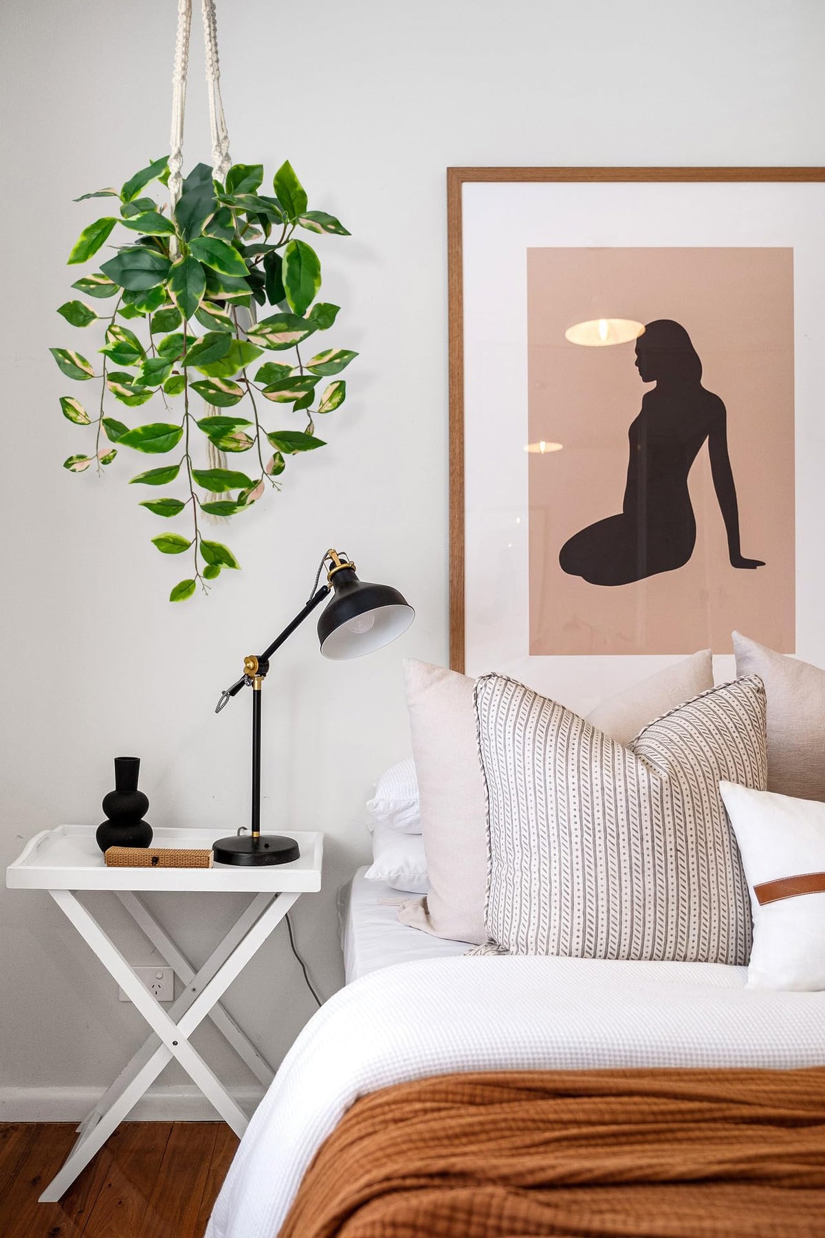 Artificial Hanging Plant Indoor, Macrame Plant Hanger with Fake Pothos Plant in White Pot, Faux Hanging Plant Ceiling