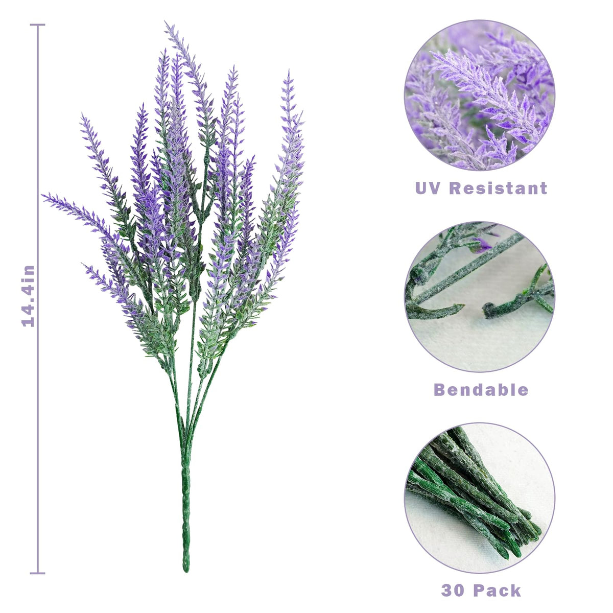 30 Bundles Artificial Lavender Outdoor, 14.5" UV Resistant Faux Plants Outdoor Greenery Stems No Fade Plastic Fake