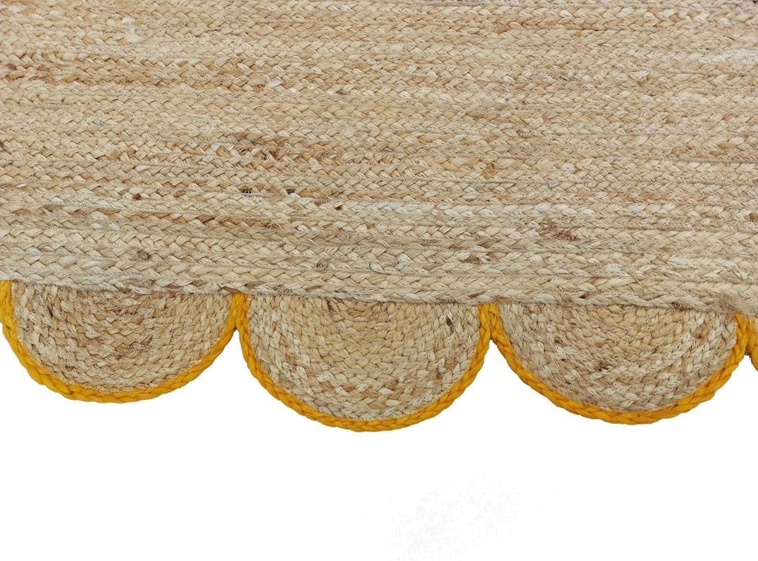 10x14 Feet Yellow Border Premium Scalloped Jute Rug Boho Scalloped Rug HandcraFeeted Natural Braided