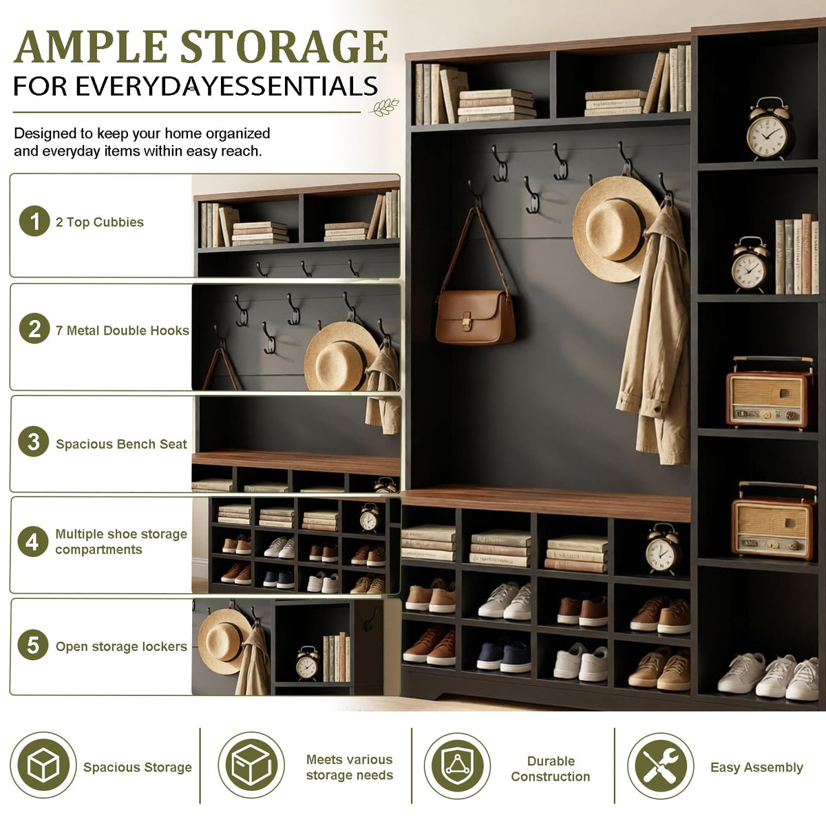 Hall Tree with Bench and Shoe Storage, 5-in-1 Mudroom with Coat Rack, Farmhouse Entryway Furniture, Tall Hall Tree