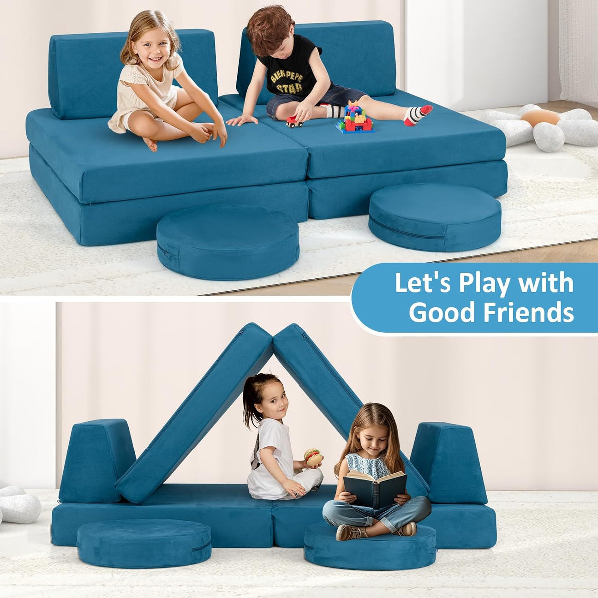 Modular Kids Play Couch, 6 PCS Toddler Creative Sectional Fort Building Sofa for Playroom, Bedroom, Children