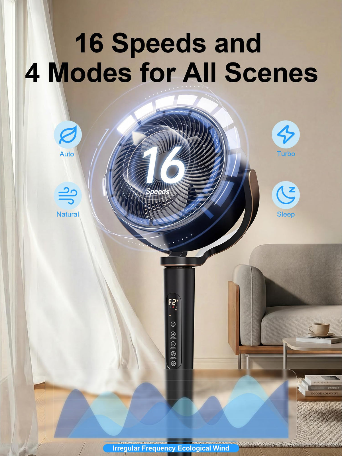 38-46" Pedestal Fan , 150+120°Omnidirectional Oscillating Standing Fan w/16 Speed & 4 Mode, Ambient Light, Quiet DC