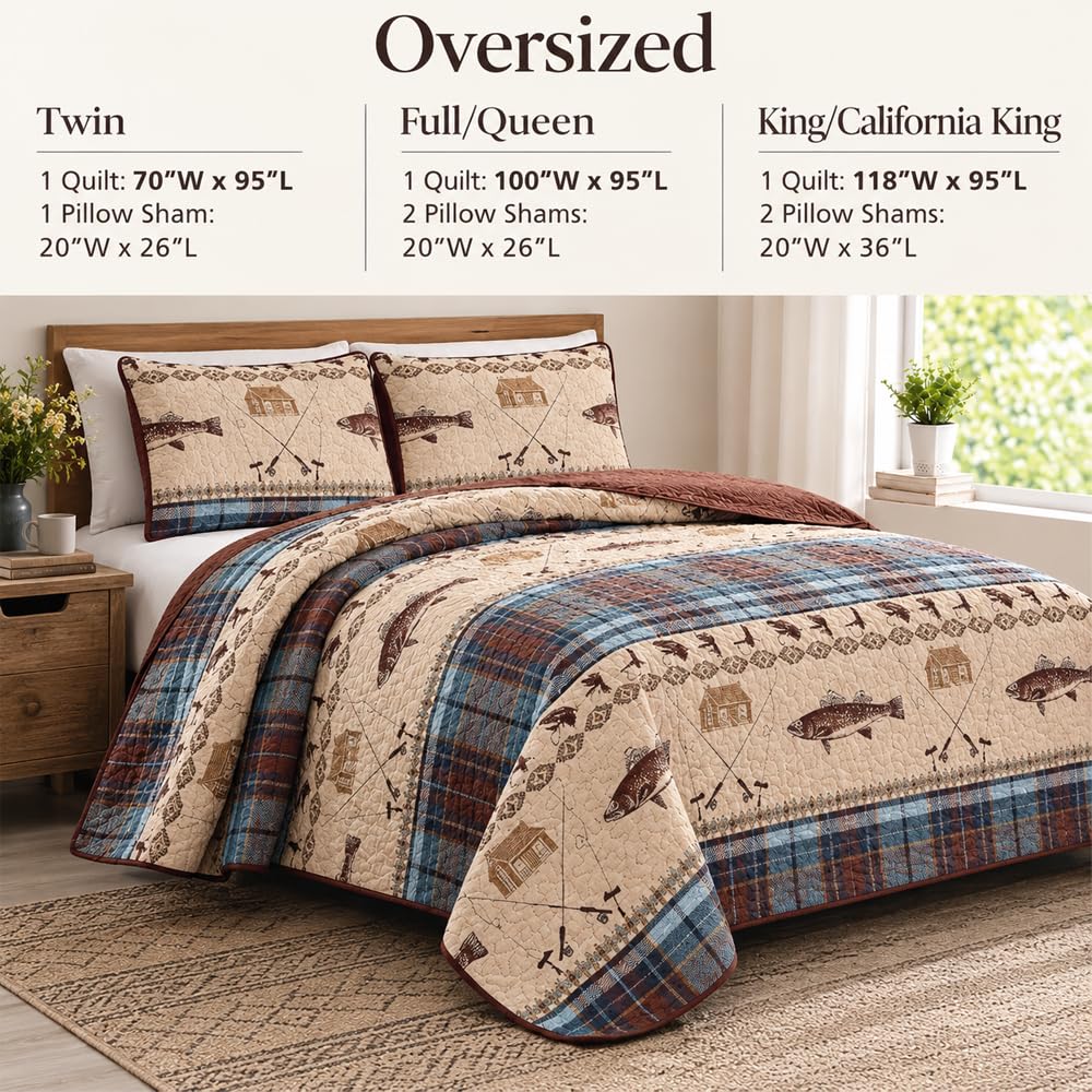 River Fly Fishing Themed Rustic Cabin Lodge Quilt Stitched Bedspread Bedding Set With Fishing Rods Lure With