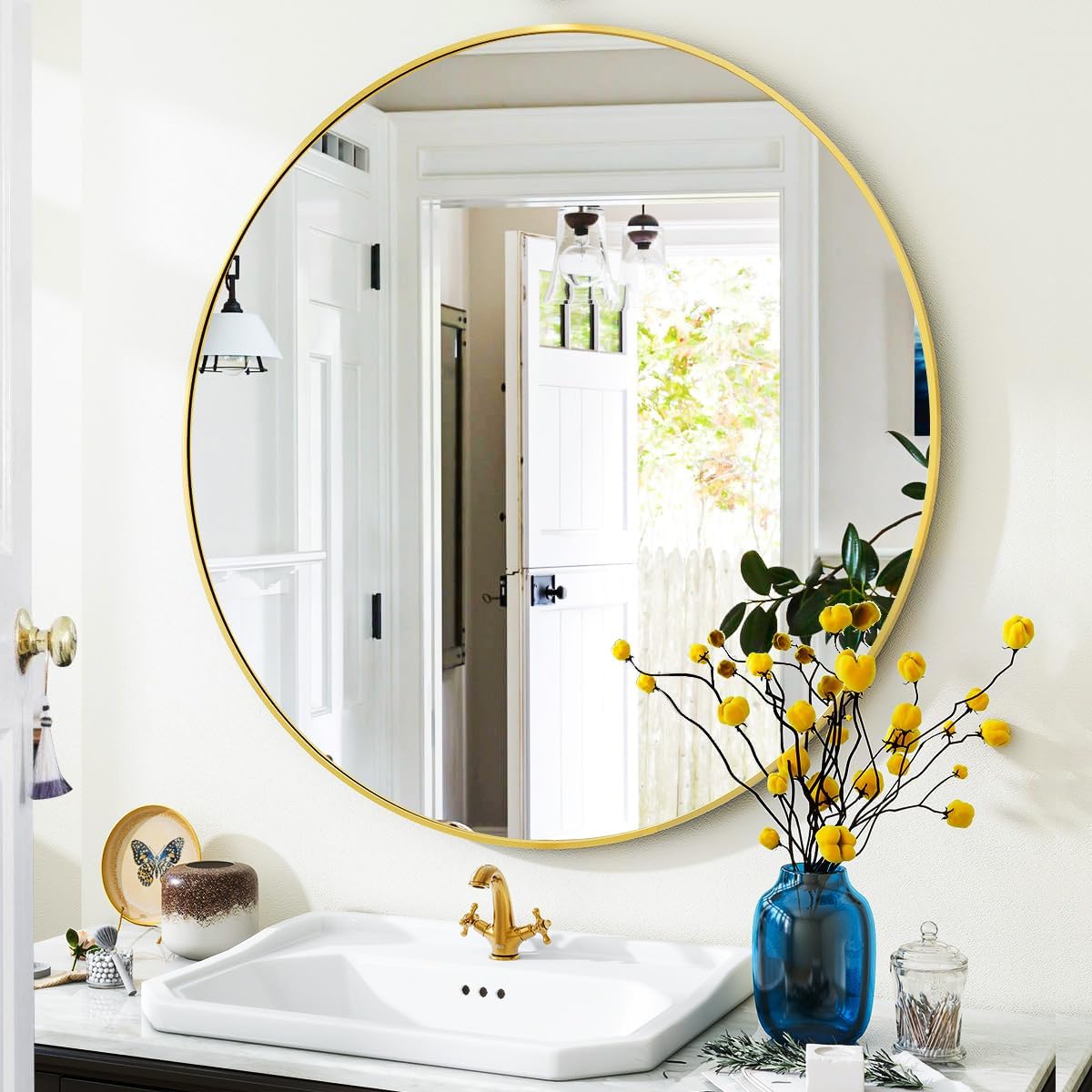 Gold Round Bathroom Mirror 24", Thin Metal Frame Wall Mirror