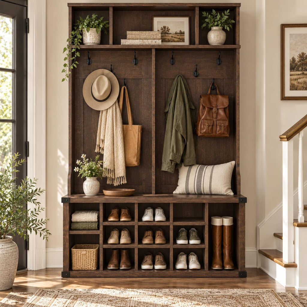 51.2" Hall Tree with Bench and Shoe Storage, Rustic Brown