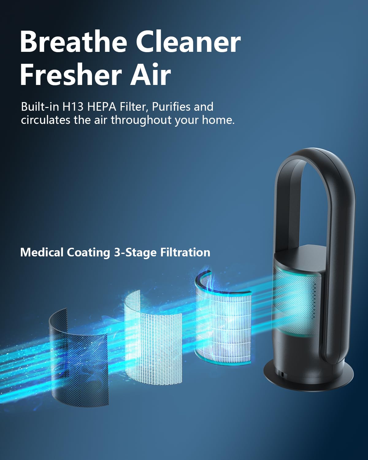 Bladeless Tower Fan and Air Purifier Combo, Quiet Oscillating Fan with Remote & Touch Control, 9 Speeds, 8H Timer