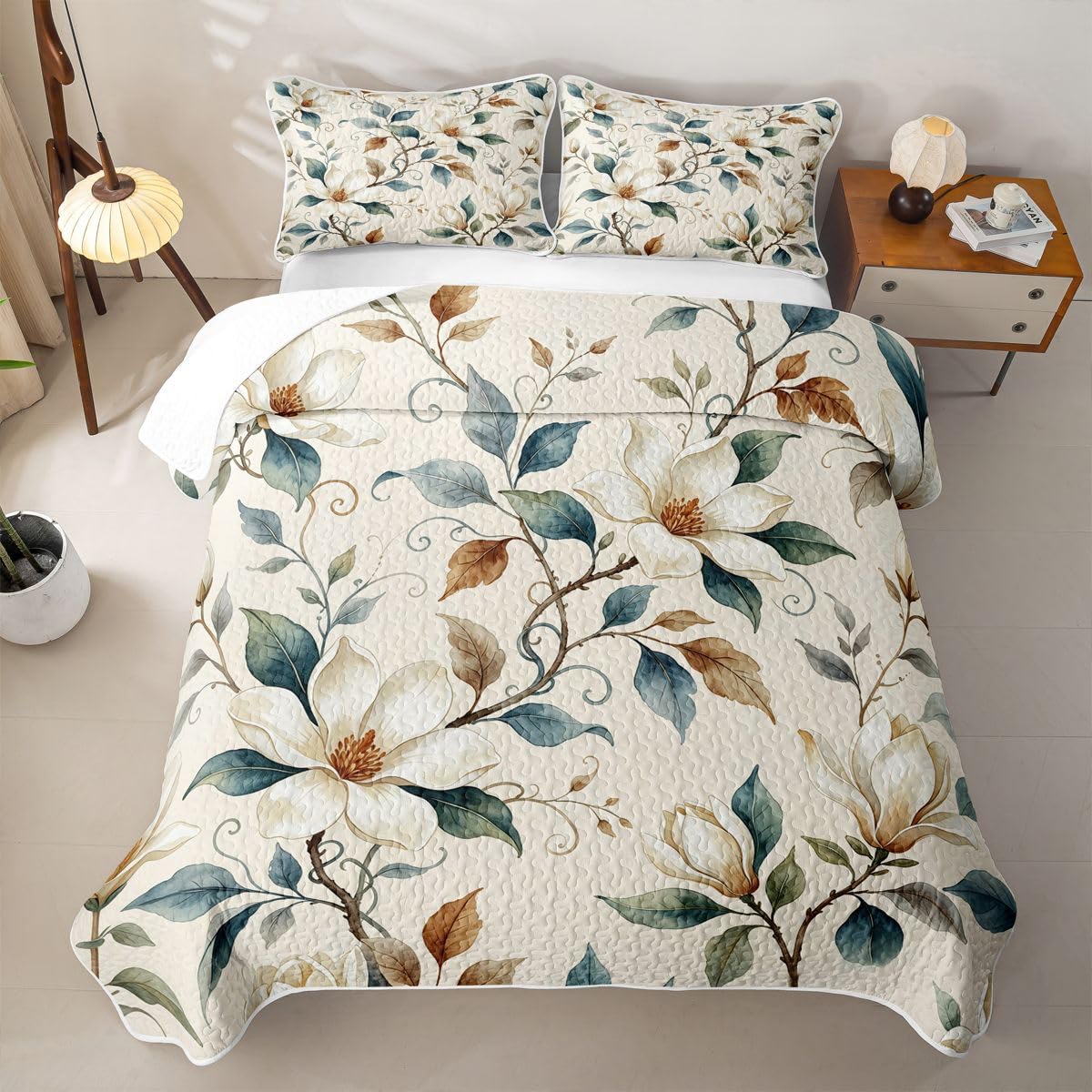Abstract Floral Quilt Set, French Country Romantic Floral Quilted Coverlet, Retro Farmhouse Style Bedspread
