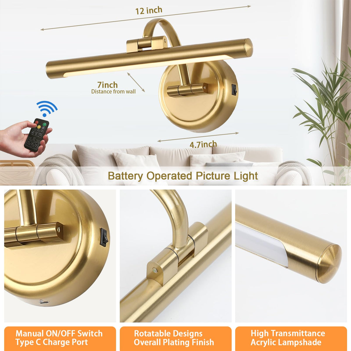 Rechargeable Picture Light for Wall, Dimmable Art Lights for Painting, Battery Operated Wall Sconce with Remote, 3