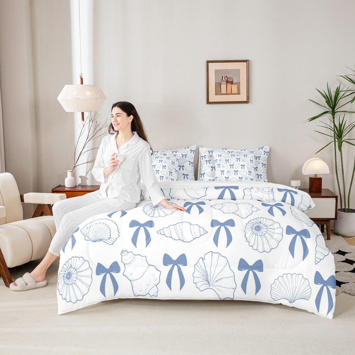 7 Pieces Blue Bowknot Comforter Set with Sheets