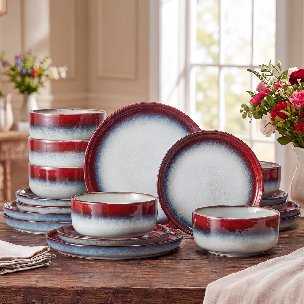Dinnerware Set for 6, Red Reactive Glaze Plates and Bowls Sets