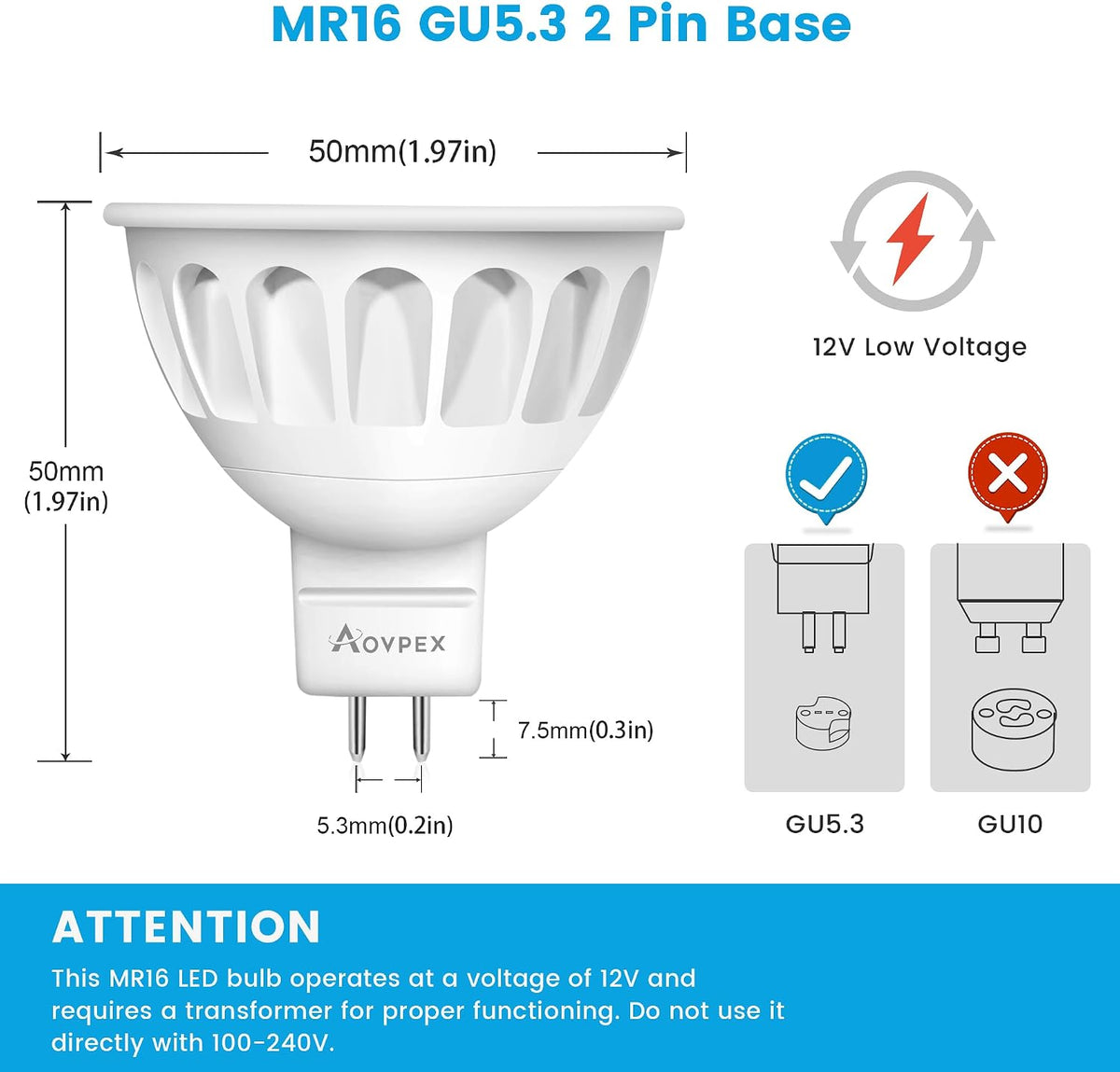 10 Pack Dimmable MR16 LED Bulbs, 12V 5W(50-Watt Equivalent), 3000K Warm White, GU5.3 Bi-Pin Base, 40-Degree