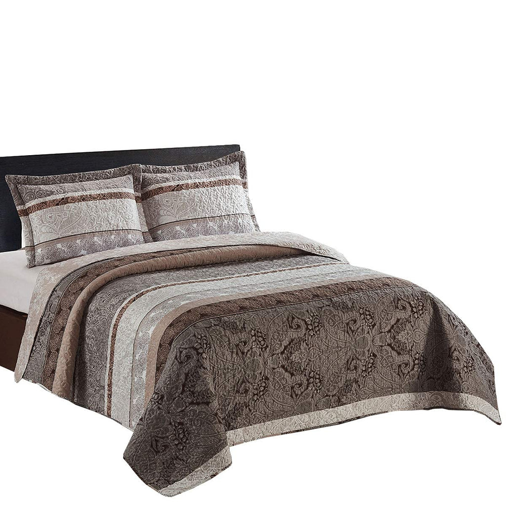 7PC Bedding Set- Callisto Taupe Lightweight Quilt with Solid Ivory Microfiber Bed Sheets