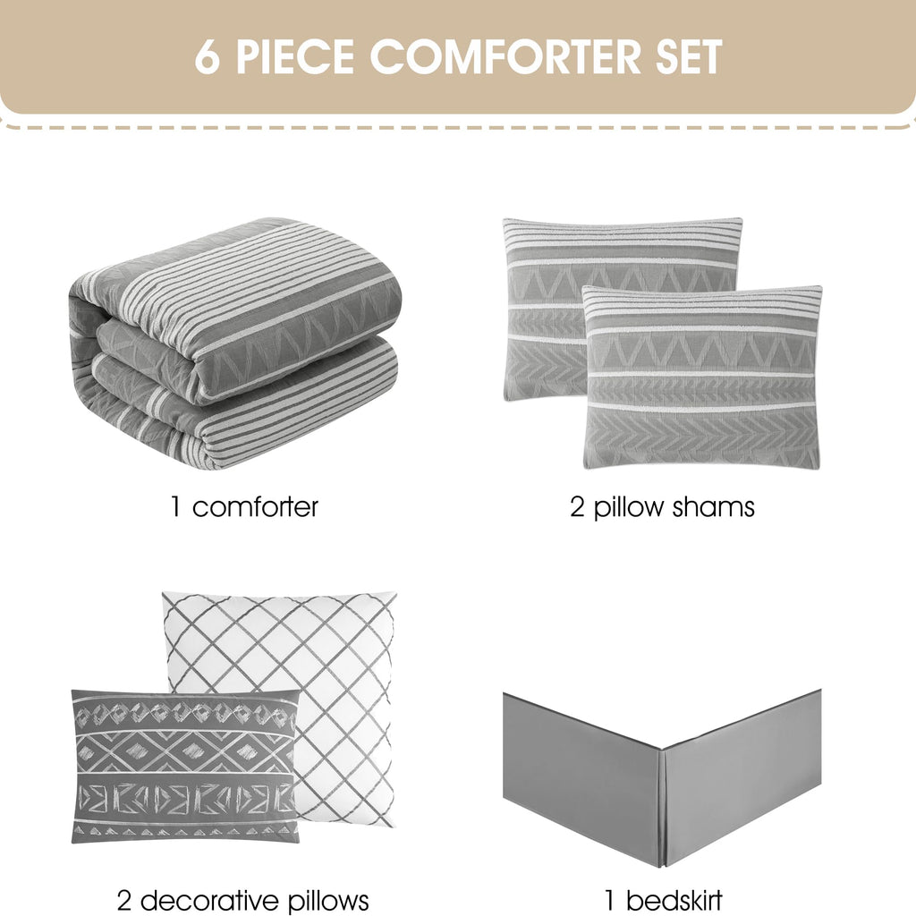 Comforter Set, 6 Piece, Color Grey, Geometric Jacquard Bedding Set, Matching Bedskirt, Pillows & Shams