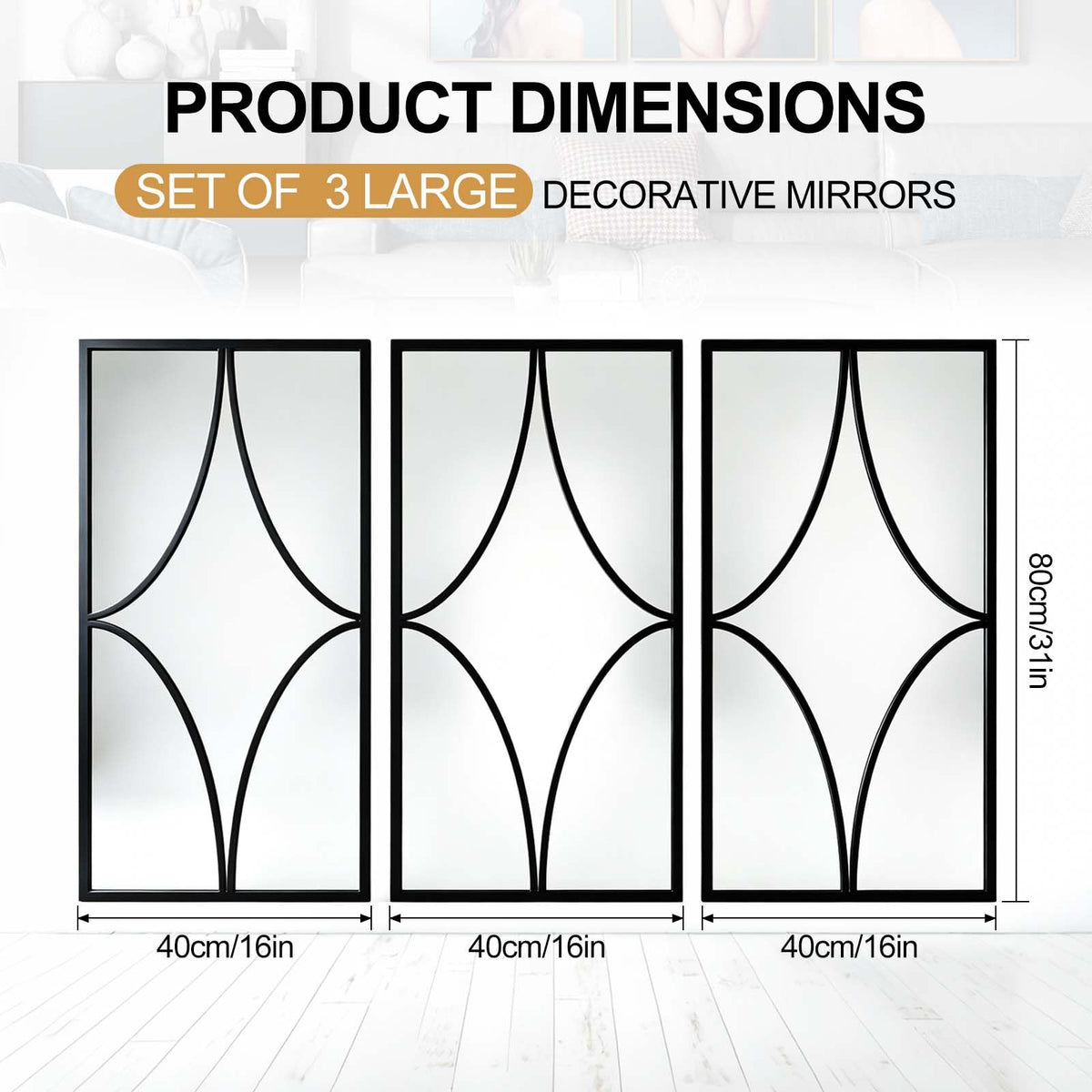 Set of 3 Black Wall Mirrors, Modern Geometric Decorative Mirror Set with Curved Line Design, Contemporary Wall Mirror