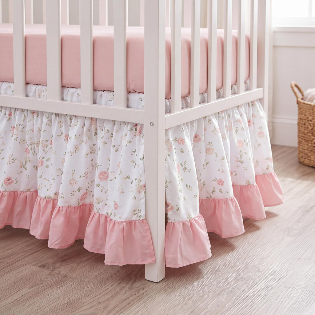 Pink Crib Skirt for Baby Girls Boys, 100% Washed Cotton Bed Skirt