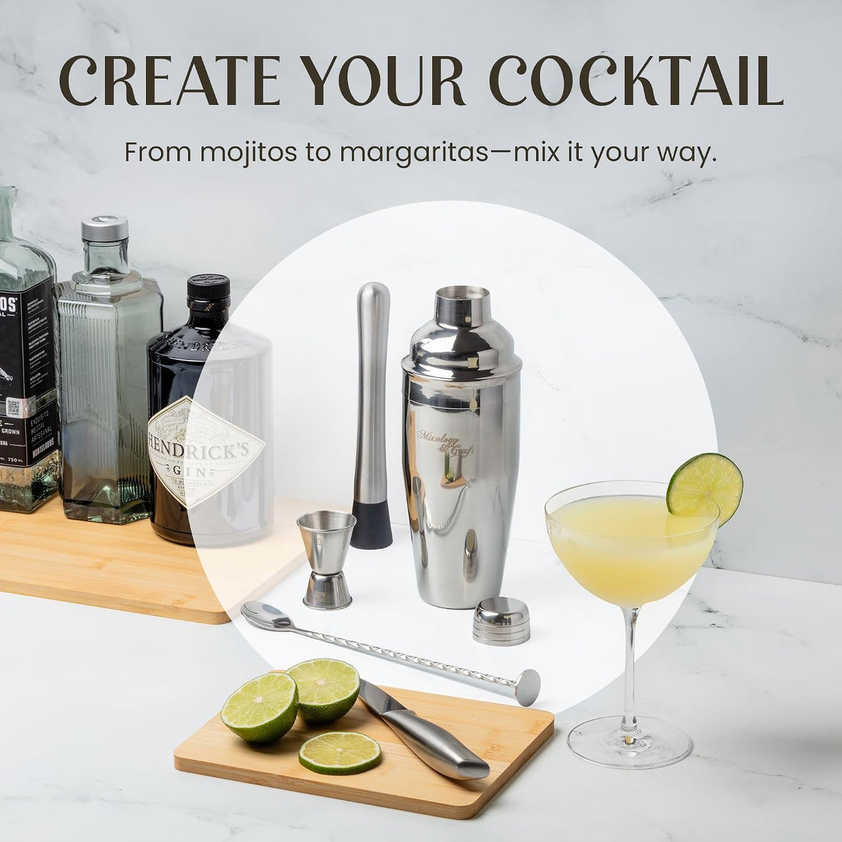 Cocktail Shaker Set: Complete Bartender Kit with Metal Stand and Bar Cart Accessories | Includes Exclusive Recipe - Set of 10