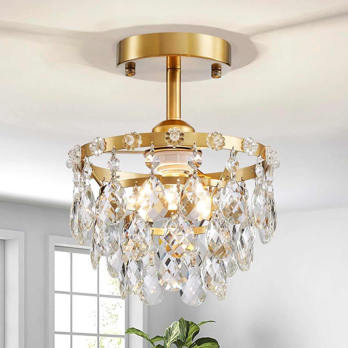 Small Gold Crystal Flush Mount Chandelier for Bedrooms, Hallways and Closets